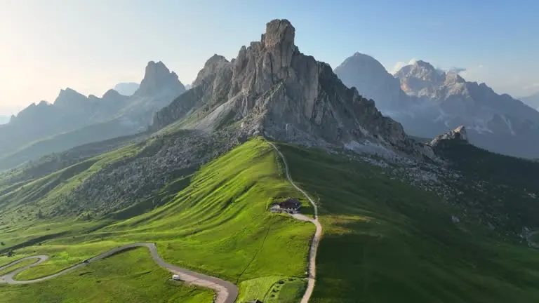 Aerial mountain trek film frame